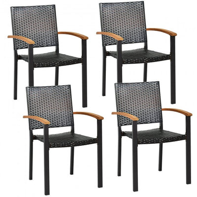 4 Pieces Outdoor Stackable Rattan Chair Patio Dining Armchair with Acacia-Topped Armrests