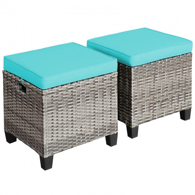 2 Pieces Patio Rattan Ottomans Seat Outdoor Footstool Footrest with Removable Cushions