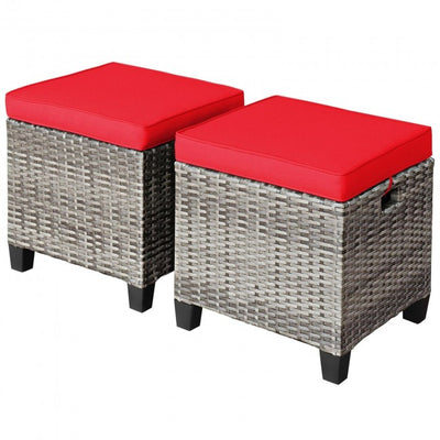 2 Pieces Patio Rattan Ottomans Seat Outdoor Footstool Footrest with Removable Cushions