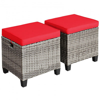 2 Pieces Patio Rattan Ottomans Seat Outdoor Footstool Footrest with Removable Cushions