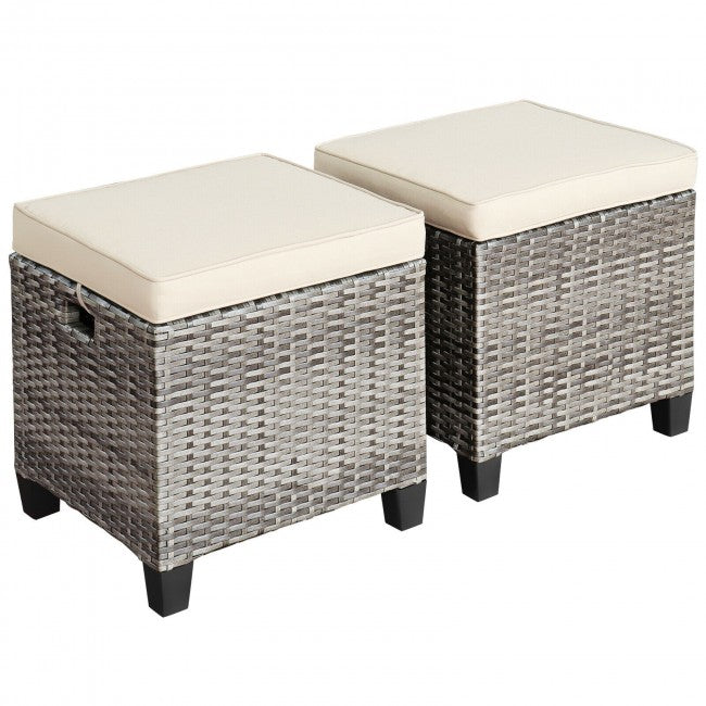 2 Pieces Patio Rattan Ottomans Seat Outdoor Footstool Footrest with Removable Cushions