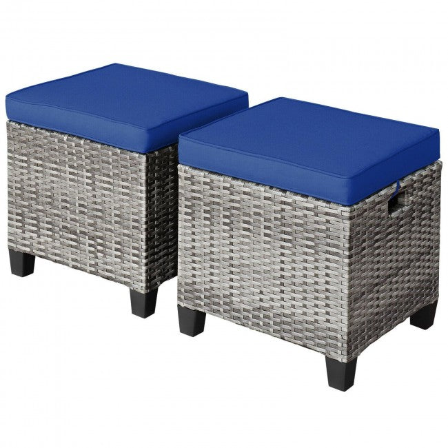 2 Pieces Patio Rattan Ottomans Seat Outdoor Footstool Footrest with Removable Cushions
