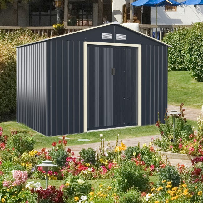 9 x 6 FT Outdoor Metal Storage Shed Organizer Patio Garden Steel Tool House with 2 Sliding Doors and 4 Vents