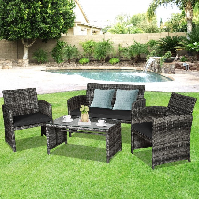 4 Pieces Patio Rattan Furniture Set Outdoor Wicker loveseat with Soft Cushion and Glass Table