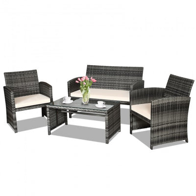 4 Pieces Patio Rattan Furniture Set Outdoor Wicker loveseat with Soft Cushion and Glass Table