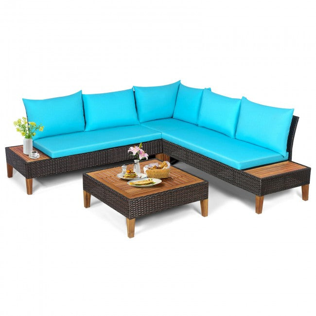 4 Pieces Outdoor Patio Rattan Wicker Furniture Set with Cushion and Side Table