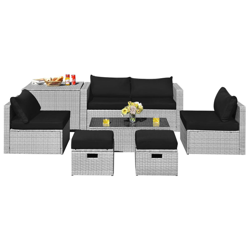 8 Pieces Patio Cushioned Rattan Furniture Set with Storage Waterproof Cover and Space-Saving Design