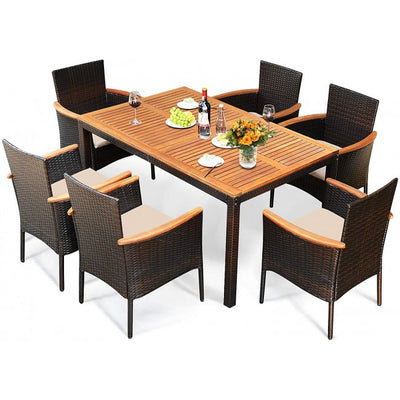 7 Pieces Outdoor Patio Acacia Wood Dining Furniture Set Conversation Set with Cushions