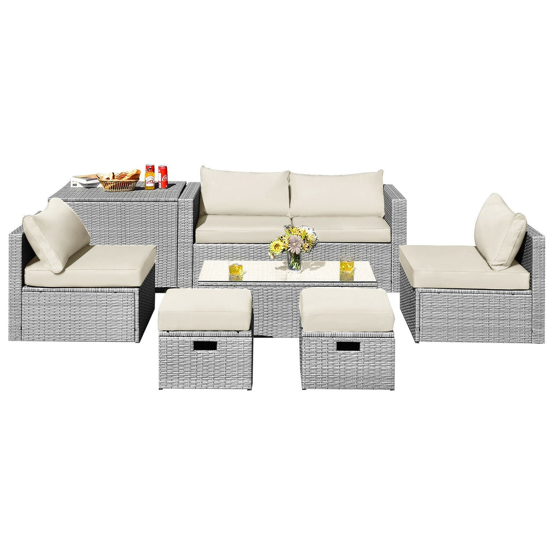 8 Pieces Patio Cushioned Rattan Furniture Set with Storage Waterproof Cover and Space-Saving Design