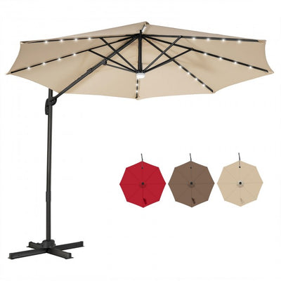 10ft Patio Cantilever Umbrella Outdoor Hanging Offset Umbrella with Solar LED Lights and 360-Degree Rotation