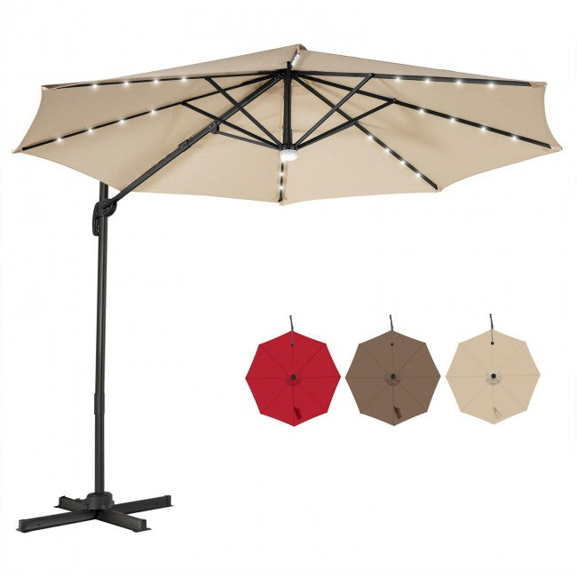 10ft Patio Cantilever Umbrella Outdoor Hanging Offset Umbrella with Solar LED Lights and 360-Degree Rotation