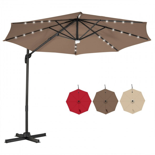 10ft Patio Cantilever Umbrella Outdoor Hanging Offset Umbrella with Solar LED Lights and 360-Degree Rotation