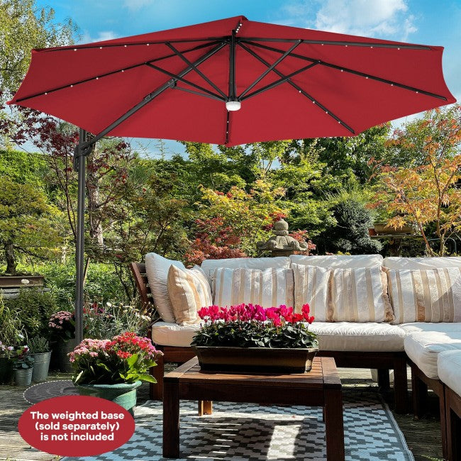 10ft Patio Cantilever Umbrella Outdoor Hanging Offset Umbrella with Solar LED Lights and 360-Degree Rotation
