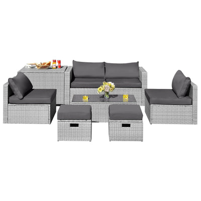 8 Pieces Patio Cushioned Rattan Furniture Set with Storage Waterproof Cover and Space-Saving Design