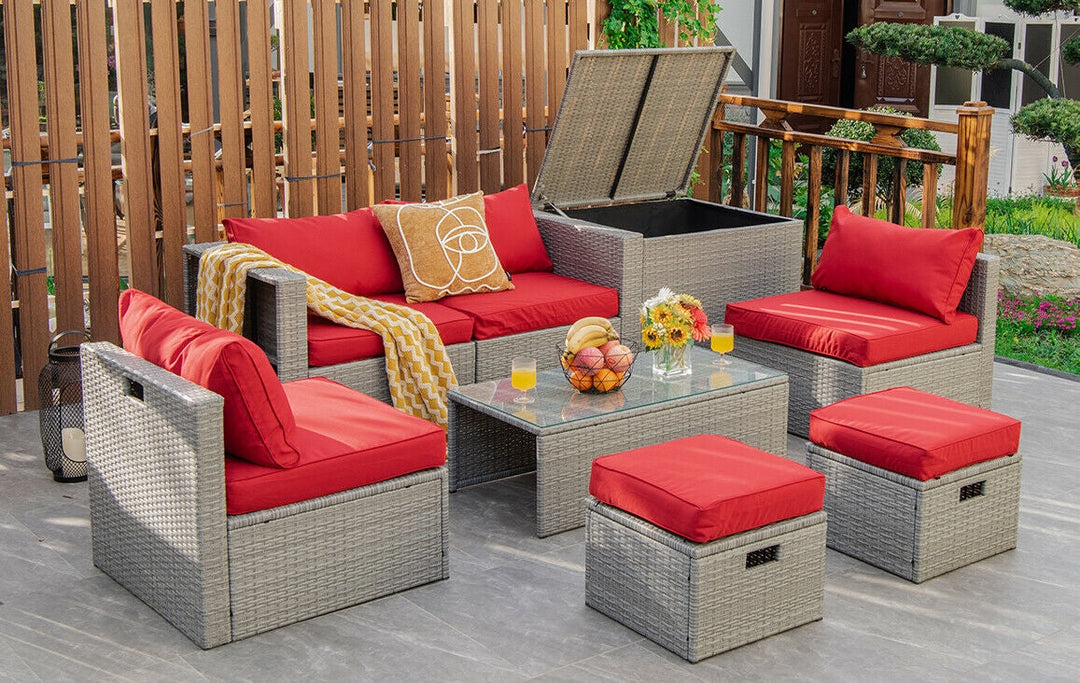 8 Pieces Patio Cushioned Rattan Furniture Set with Storage Waterproof Cover and Space-Saving Design