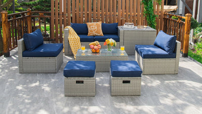 8 Pieces Patio Cushioned Rattan Furniture Set with Storage Waterproof Cover and Space-Saving Design