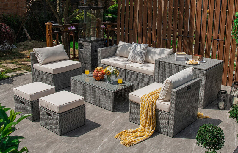 8 Pieces Patio Cushioned Rattan Furniture Set with Storage Waterproof Cover and Space-Saving Design