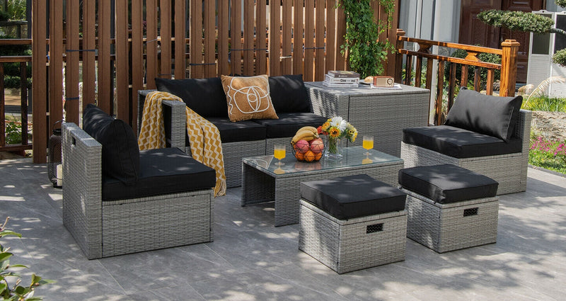 8 Pieces Patio Cushioned Rattan Furniture Set with Storage Waterproof Cover and Space-Saving Design