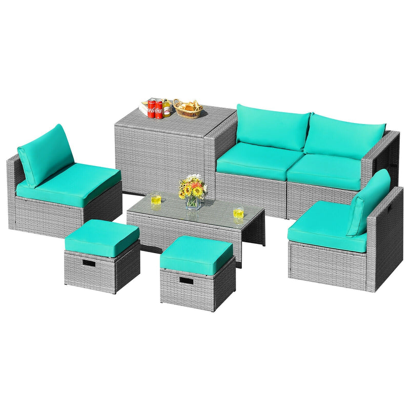 8 Pieces Patio Cushioned Rattan Furniture Set with Storage Waterproof Cover and Space-Saving Design