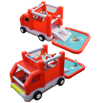 Fire Truck Themed Inflatable Castle Water Park Kids Bounce House Blower Excluded