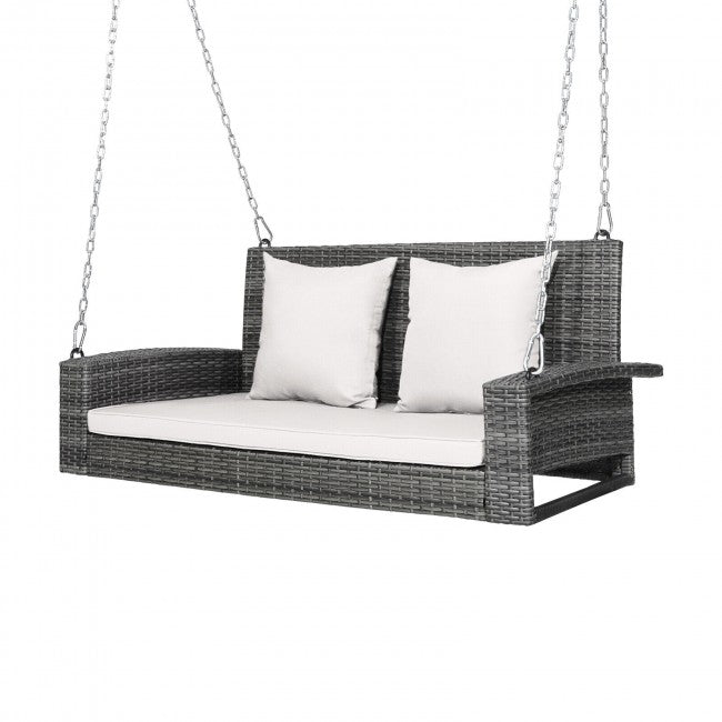 2-Person Outdoor Rattan Hanging Porch Swing Patio Wicker Swing Bench with Soft Cushions