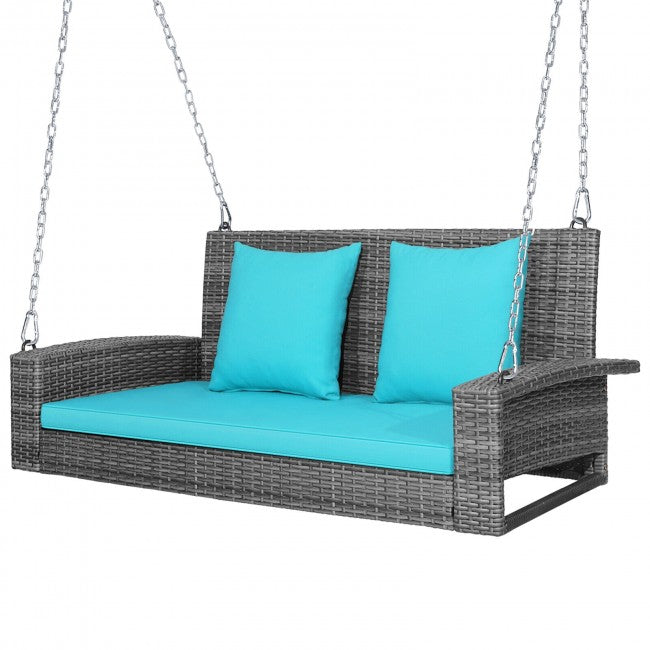 2-Person Outdoor Rattan Hanging Porch Swing Patio Wicker Swing Bench with Soft Cushions