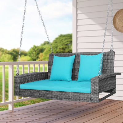 2-Person Outdoor Rattan Hanging Porch Swing Patio Wicker Swing Bench with Soft Cushions