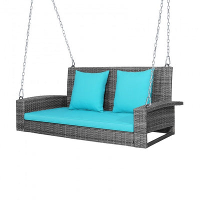 2-Person Outdoor Rattan Hanging Porch Swing Patio Wicker Swing Bench with Soft Cushions