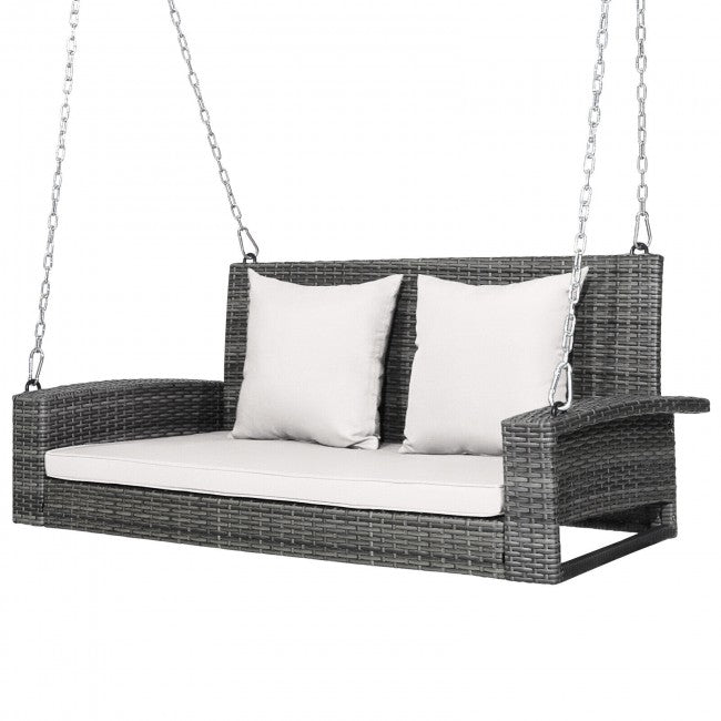 2-Person Outdoor Rattan Hanging Porch Swing Patio Wicker Swing Bench with Soft Cushions