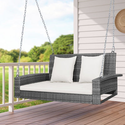 2-Person Outdoor Rattan Hanging Porch Swing Patio Wicker Swing Bench with Soft Cushions