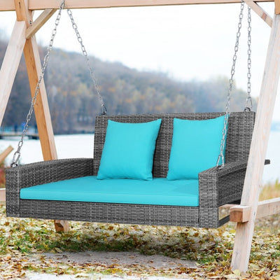 2-Person Outdoor Rattan Hanging Porch Swing Patio Wicker Swing Bench with Soft Cushions