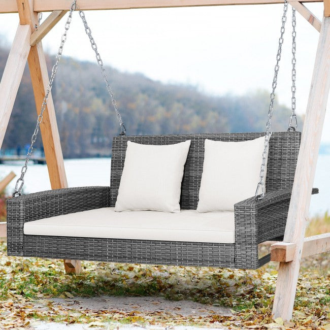 2-Person Outdoor Rattan Hanging Porch Swing Patio Wicker Swing Bench with Soft Cushions