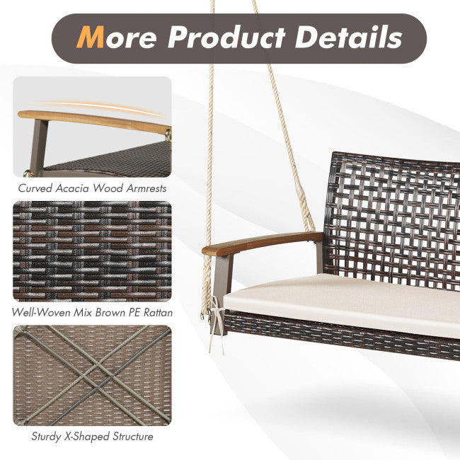2-Person Outdoor Rattan Hanging Swing Chair Porch Swing Bench with Cushion and Hanging Ropes
