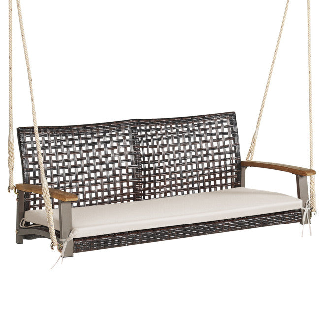 2-Person Outdoor Rattan Hanging Swing Chair Porch Swing Bench with Cushion and Hanging Ropes