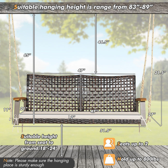 2-Person Outdoor Rattan Hanging Swing Chair Porch Swing Bench with Cushion and Hanging Ropes