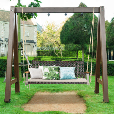 2-Person Outdoor Rattan Hanging Swing Chair Porch Swing Bench with Cushion and Hanging Ropes