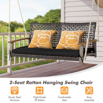 2-Person Outdoor Rattan Hanging Swing Chair Porch Swing Bench with Cushion and Hanging Ropes
