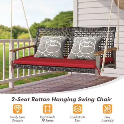 2-Person Outdoor Rattan Hanging Swing Chair Porch Swing Bench with Cushion and Hanging Ropes