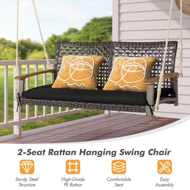 2-Person Outdoor Rattan Hanging Swing Chair Porch Swing Bench with Cushion and Hanging Ropes