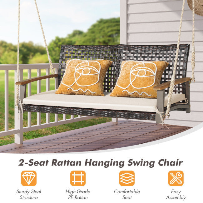 2-Person Outdoor Rattan Hanging Swing Chair Porch Swing Bench with Cushion and Hanging Ropes