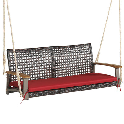 2-Person Outdoor Rattan Hanging Swing Chair Porch Swing Bench with Cushion and Hanging Ropes