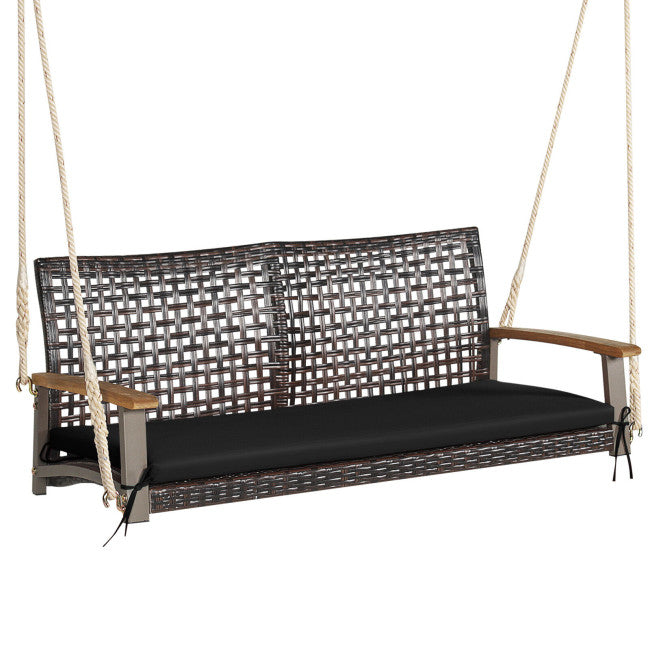 2-Person Outdoor Rattan Hanging Swing Chair Porch Swing Bench with Cushion and Hanging Ropes