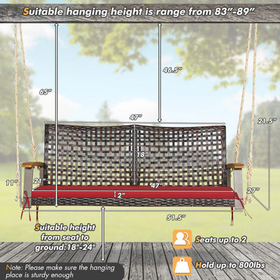 2-Person Outdoor Rattan Hanging Swing Chair Porch Swing Bench with Cushion and Hanging Ropes