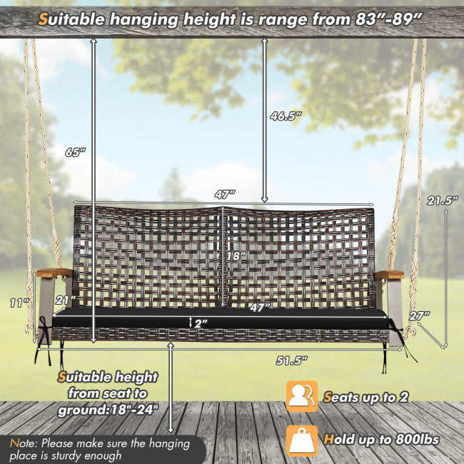 2-Person Outdoor Rattan Hanging Swing Chair Porch Swing Bench with Cushion and Hanging Ropes