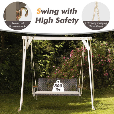 2-Person Outdoor Rattan Hanging Swing Chair Porch Swing Bench with Cushion and Hanging Ropes