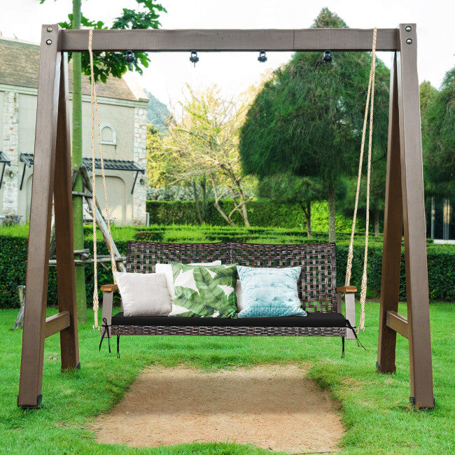 2-Person Outdoor Rattan Hanging Swing Chair Porch Swing Bench with Cushion and Hanging Ropes