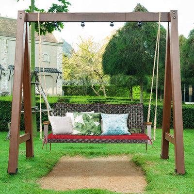 2-Person Outdoor Rattan Hanging Swing Chair Porch Swing Bench with Cushion and Hanging Ropes