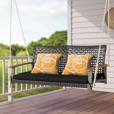 2-Person Outdoor Rattan Hanging Swing Chair Porch Swing Bench with Cushion and Hanging Ropes