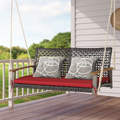 2-Person Outdoor Rattan Hanging Swing Chair Porch Swing Bench with Cushion and Hanging Ropes