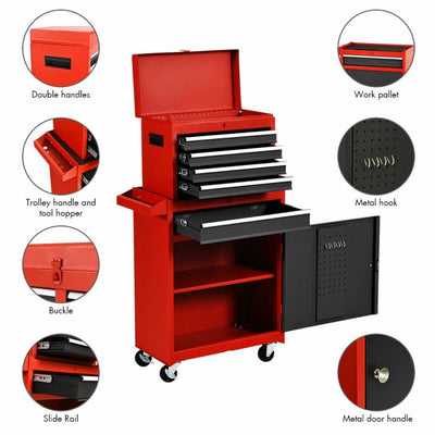 2-in-1 Big Rolling Tool Chest Organizer Detachable Storage Cabinet with 5 Sliding Drawers